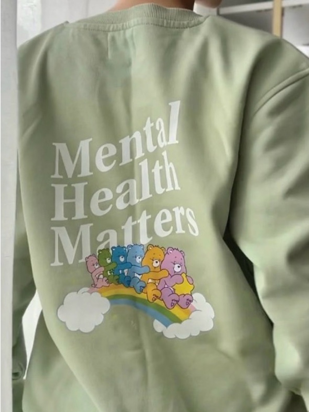 Mental Health Matters Green Sweatshirt with Rainbow Care Bears
